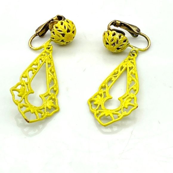 Summer Spritz Filigree Dangle Earrings, Vintage Bright Yellow Enamel Drop Clip - Picture 2 of 5